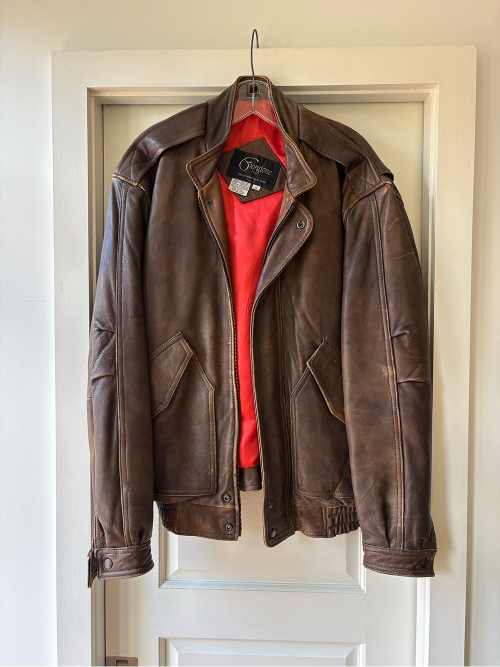 Vintage Men's Brown Leather Bomber Jacket with Red Lining